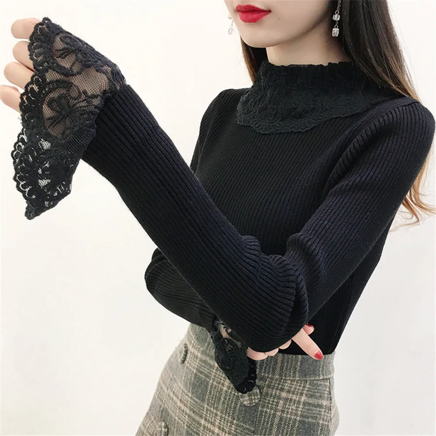 High Elastic Knitted Sweater Women 2018 Autumn Winter lace embroidery Patchwork Long Sleeve Sweaters Pullovers Female | Женская одежда