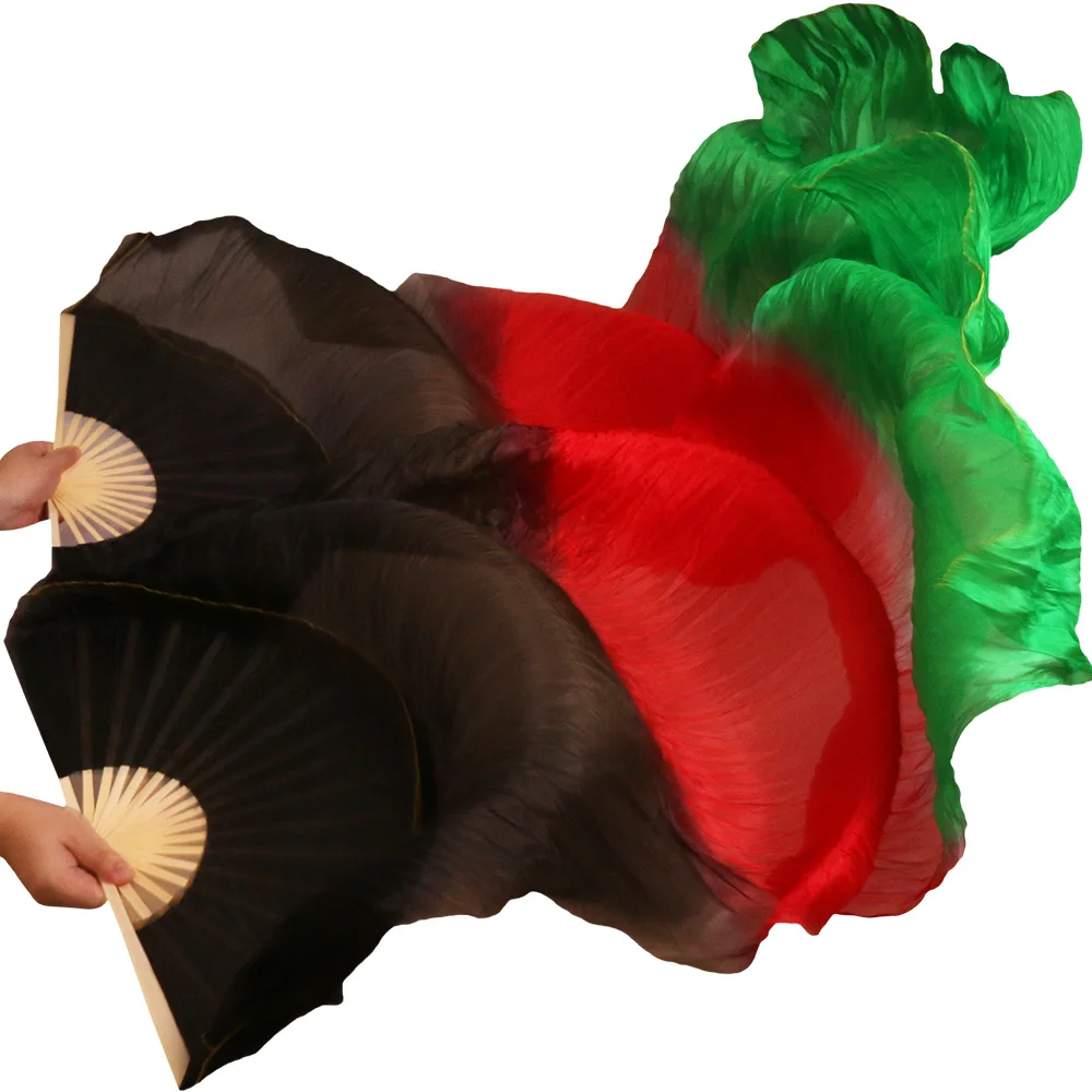 

2017 High Selling 100% Real Silk Veils Dancing Fans 1 Pair Handmade High Quality Silk Belly Dance Fans Black+Red+Green Colors