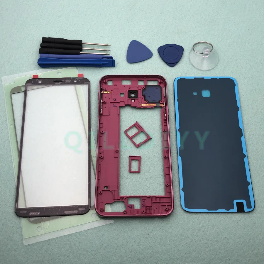 J4+ полный корпус чехол для samsung Galaxy J4 Plus J415 J415F ЖК-панель средняя рамка Крышка батарейного отсека+ передняя стеклянная линза