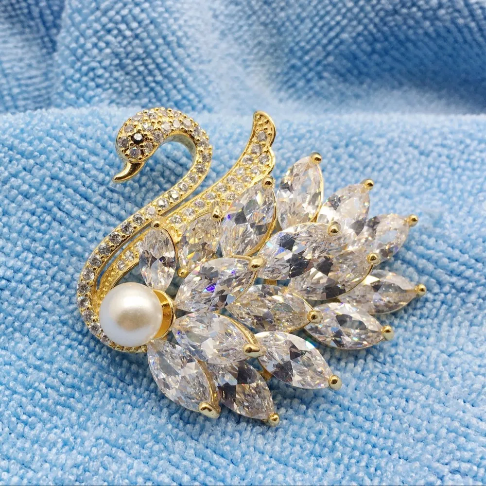 Swan zircon brooch women gold swans pearls and brooches wedding bridal decorations | Украшения и аксессуары