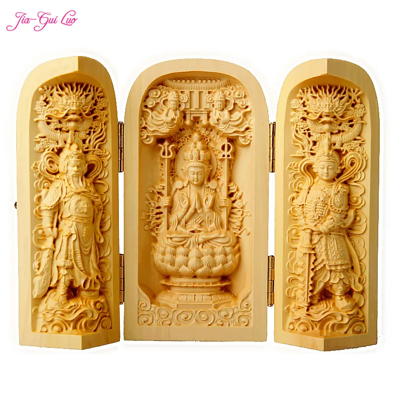 

JIA-GUI LUO Boxwood carving home desktop decoration statue carrying box birthday gift Chinese Buddha A026