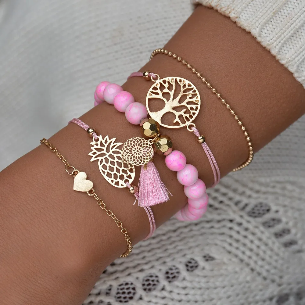 MissCyCy Boho полый браслет с ананасовым деревом для женщин Розовый Веревка Цепи