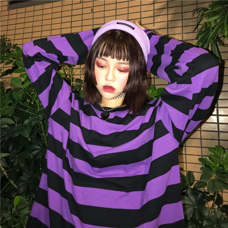 Винтажная фиолетовая футболка Весна Осень корейский Свободный Ulzzang Harajuku ретро длинный рукав o-образным вырезом полосатая футболка для женщин топы