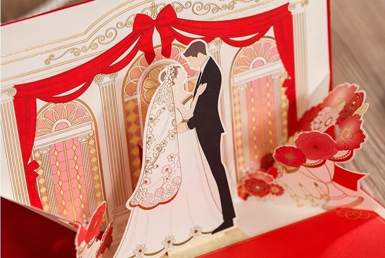3D Обручение Пригласительных билетов красный Романтическая свадьба Приглашения