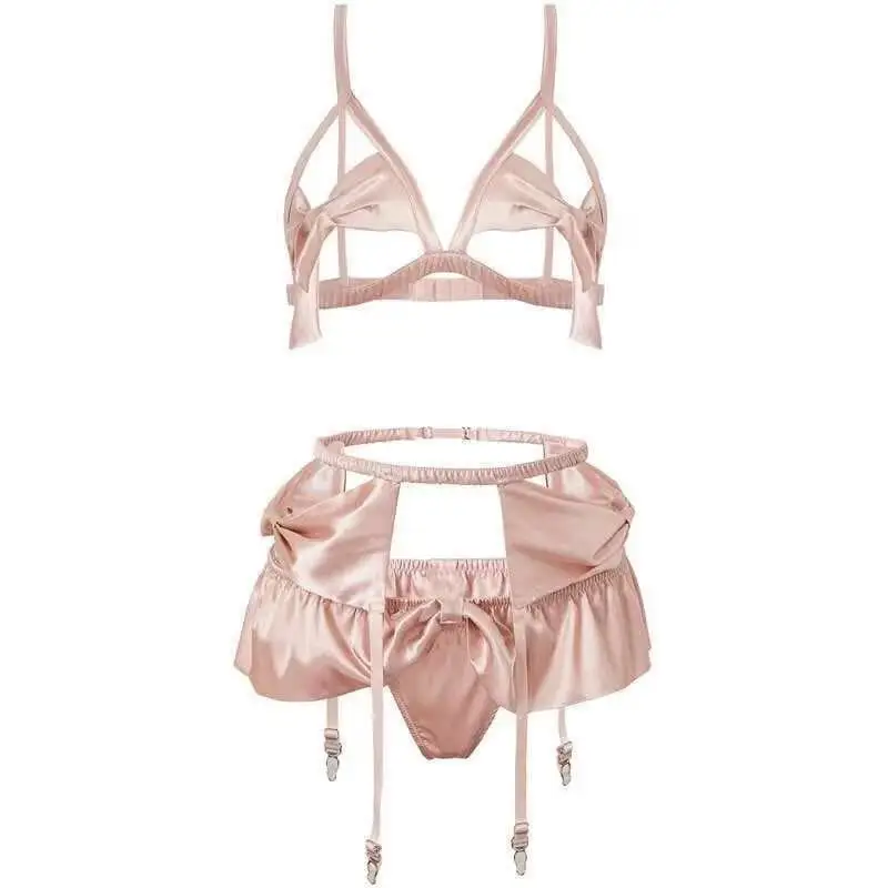 New Bow Underwear Sexy Pink 1/2 Cup Lace Babydoll Open Bra Set 3pc Bras& G-String& Net Socks& Sling Women Lingerie Nightwear
