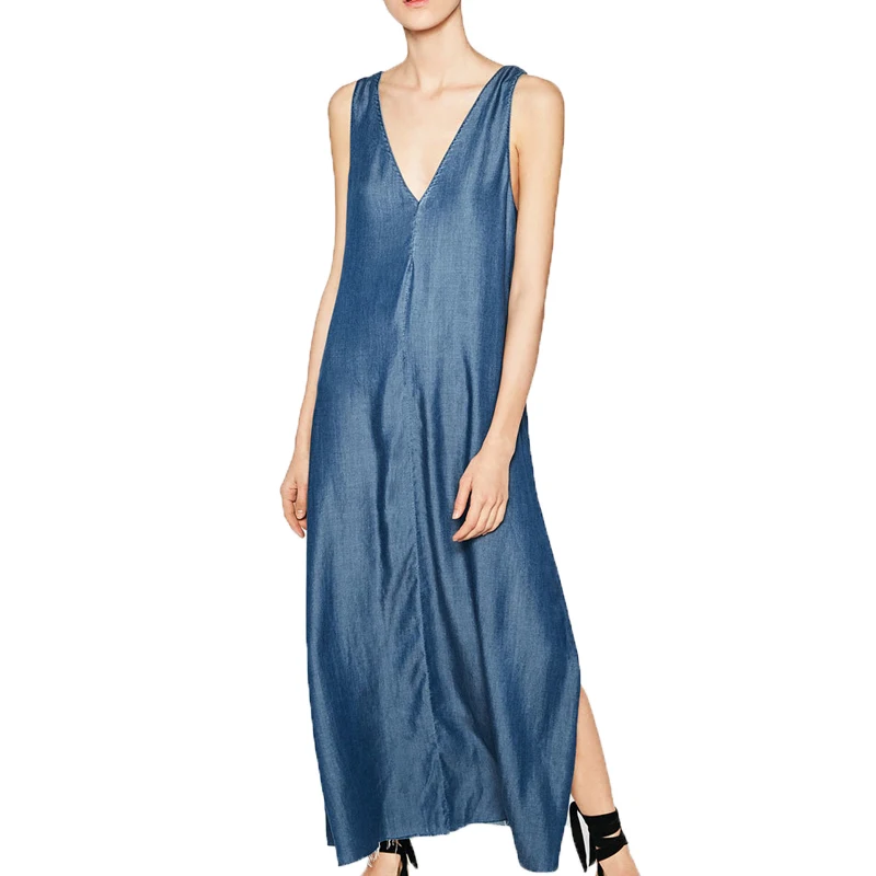 Летнее платье 2019 Повседневное макси без рукавов Джинсовая женская одежда с