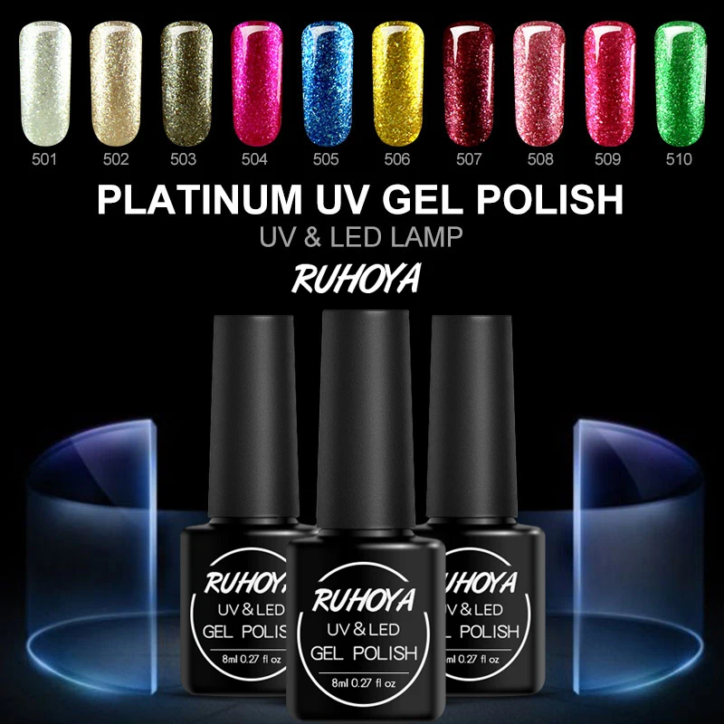 Ruhoya 8 мл Блеск УФ-Платиновый гель лак для ногтей Soak Off полу постоянный гель-лаки