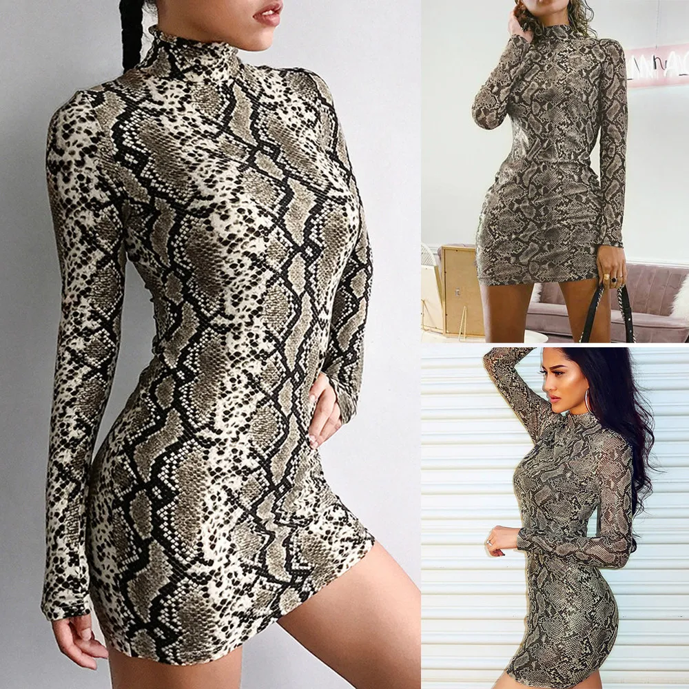 Модные женские сексуальные вечерние с длинным рукавом со змеиным принтом в