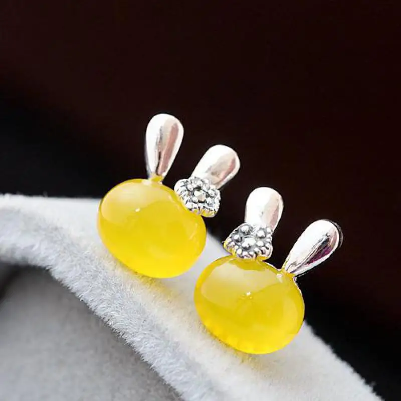 GQTORCH 925 Sterling Silver Earrings For Women Inlaid Natural Red Agate Onyx Yellow Chalcedony Cute Cartoon Lovely Rabbit Girls | Украшения