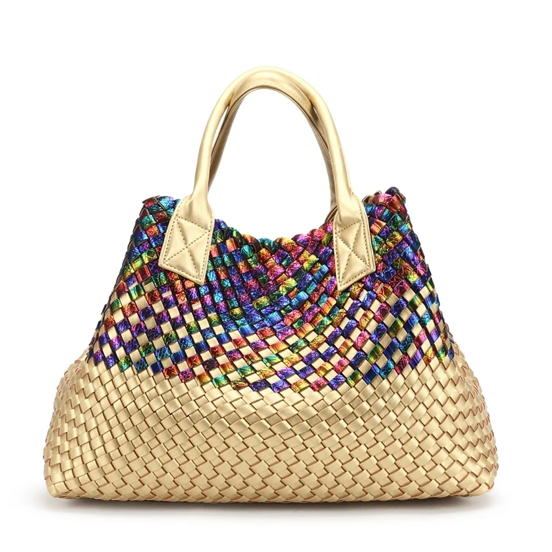 Модная блестящая сумка радужной расцветки с золотым тканым кожаным чехлом