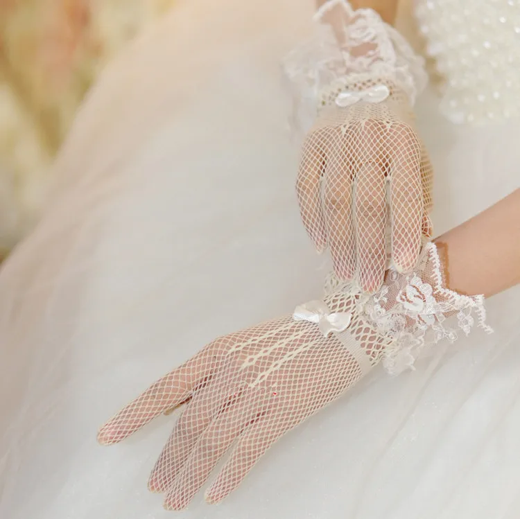 Короткие свадебные перчатки с бантом сетчатые кружевные декоративные