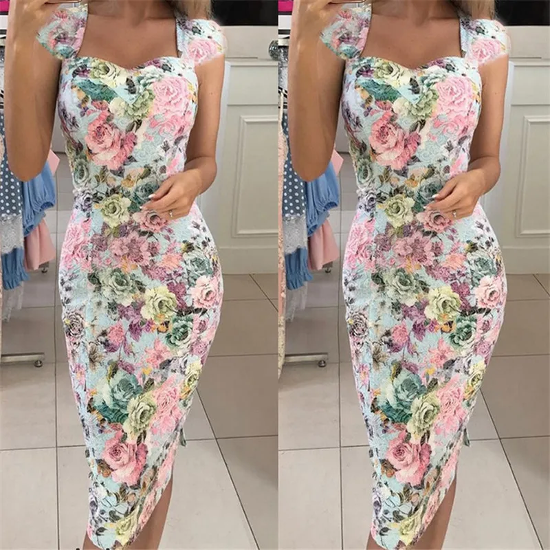 Женское платье с цветочным принтом облегающая до колена из полиэстера | Женская