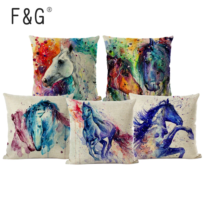 

Homing Animal Horse Cushion Covers Cotton Linen Watercolor Pillow Case Chair Seat and Waist Square Pillow Cover Home Decoration