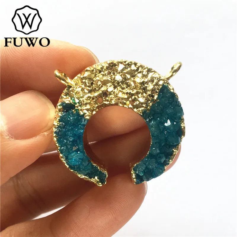 FUWO Натуральный Druzy Кулон с дизайном полумесяц золотой отделкой модные двойные