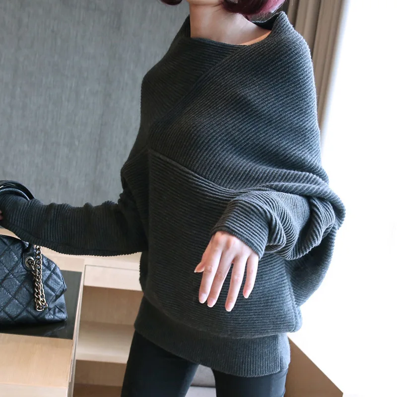 PoNiRiA Autumn New Women's clothing Korean version loose fashion headwear sweater female long sleeve slash neck solid OL | Женская