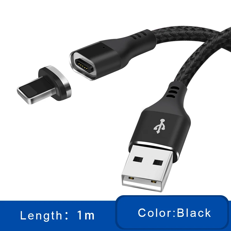 1 м 2 м Магнитный Кабель зарядного устройства микро-usb для iPhone Xs Max XR X 6 s 6s 7 8 Plus магнит Тип C светодиодный 3A быстрая зарядка длинный провод шнур - Цвет: Black 1m