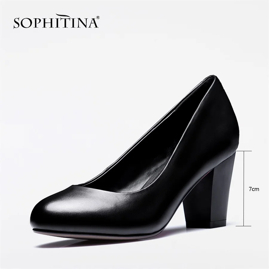 SOPHITINA/женские слипоны высокого качества с круглым носком, обувь в деловом стиле, черная бычья кожа, средний каблук, классические туфли-лодочки для деловой женщины, PO74 - Цвет: black 7cm