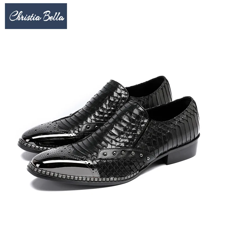 

Christia Bella Italian Business Men Shoes Black Genuine Leather Dress Shoes Rivets Wedding Prom Formal Shoes Male Brogues