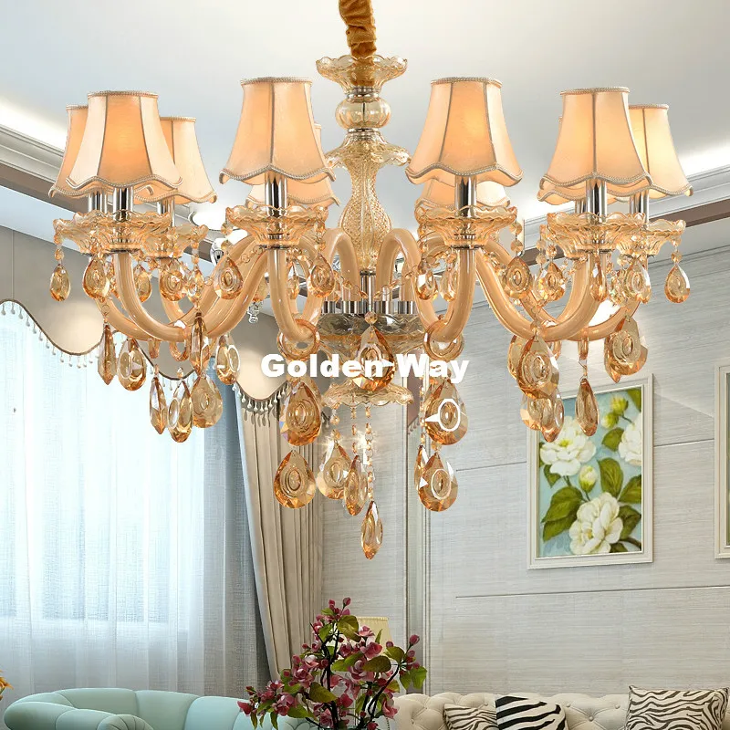 

Free Shipping Champagne Crystal Chandelier Modern Luxury E14 LED K9 Glass Chandeliers Lamp Suspended Light Lustres De Cristal