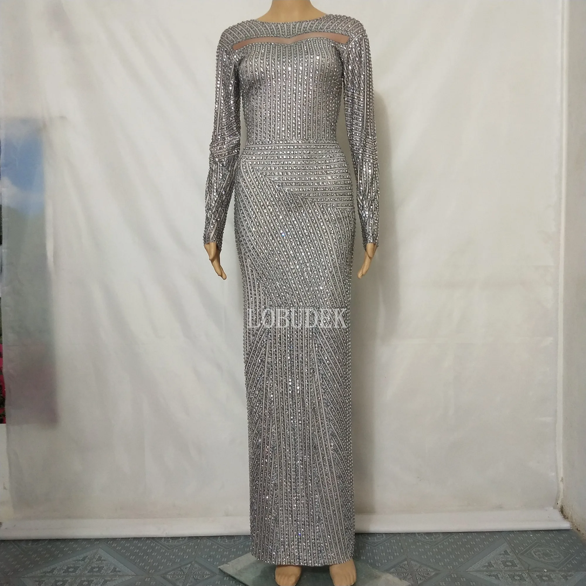 

Nightclub Luxury Dresses Rhinestones Long Sleeve Skinny Dress Ladies Stars Singer Host Evening Party Celebration Stage Costume