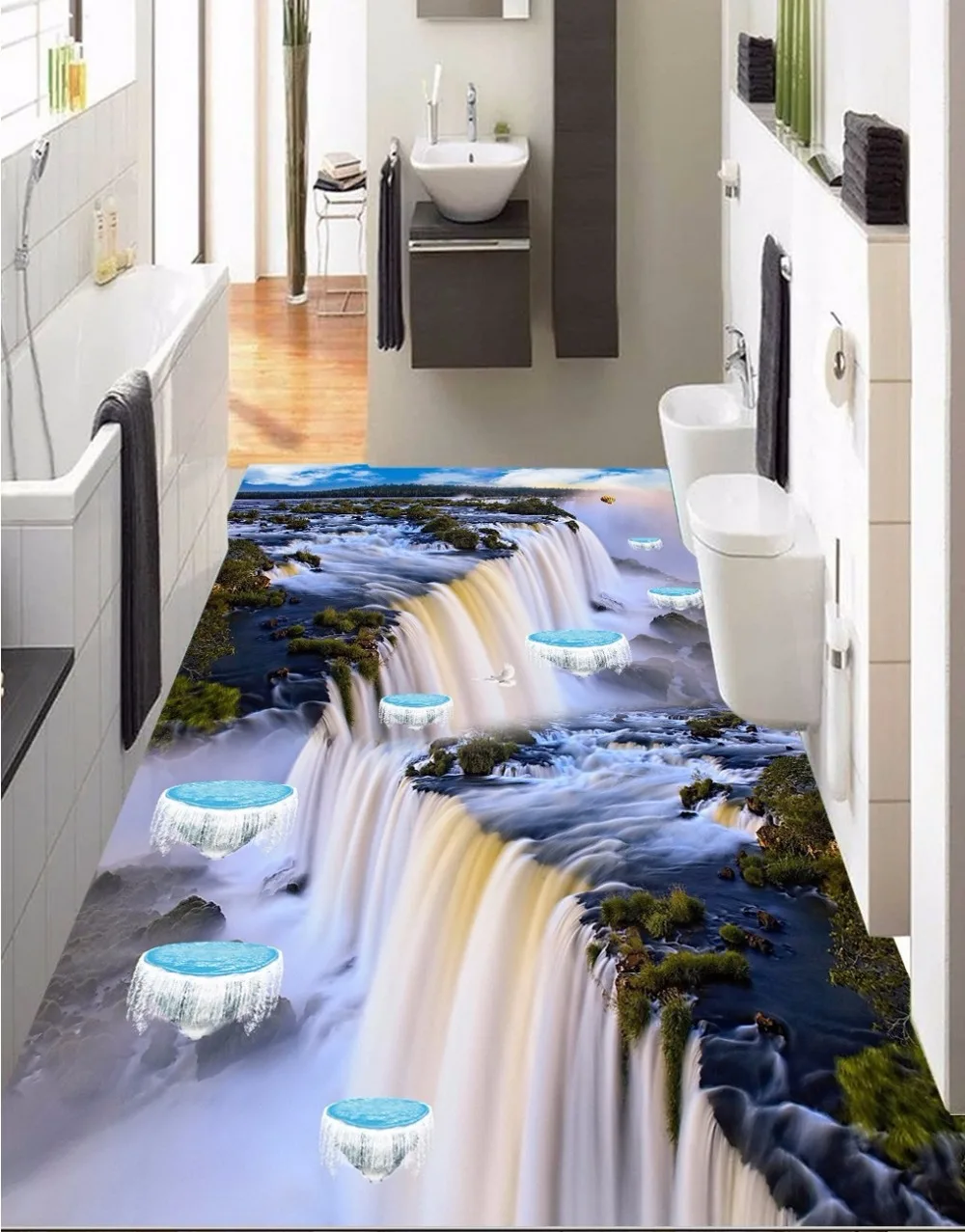 

Free Shipping Falls Suspension Island Flying Bird Bathroom Kitchen Walkway 3D Floor Plaster wear non-slip flooring mural