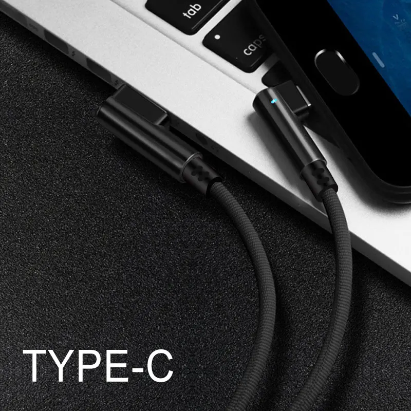 Type c-Black Двойной кабель для передачи данных игровой кабель для зарядки 90 градусов под прямым углом провода мобильного телефона с светильник для android type c iOS - Цвет: Type c-Black
