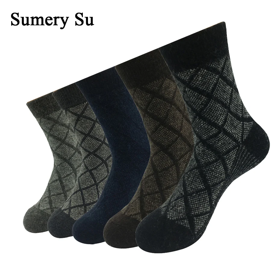 5 Pairs/Lot Wool Socks Men Winter Cashmere Warm Casual Sock Meias Rhombus Pattern Virtual point 3 Styles Gift Socks