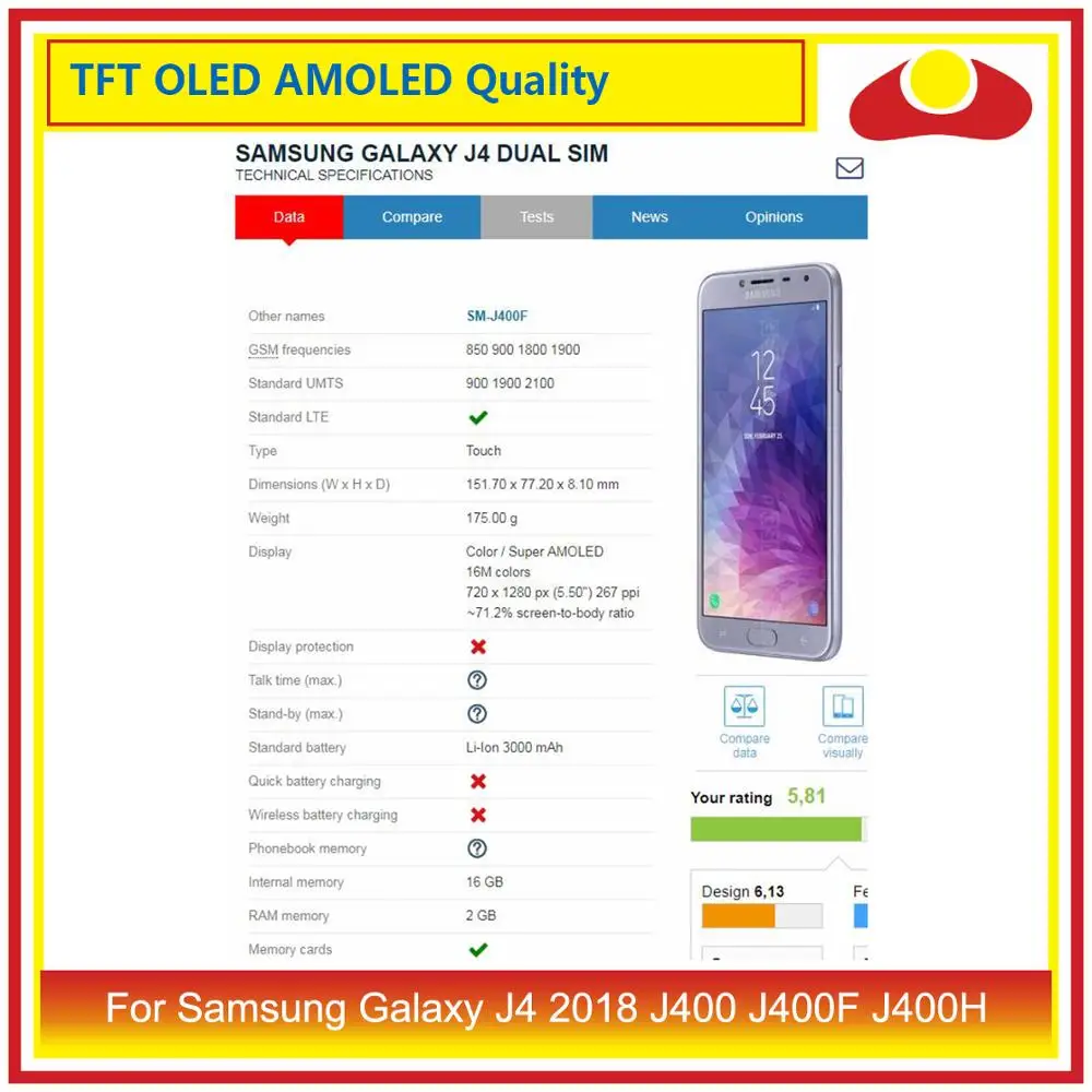 Оригинальный ЖК дисплей с дигитайзером сенсорного экрана для Samsung Galaxy J4 2018 J400 J400F