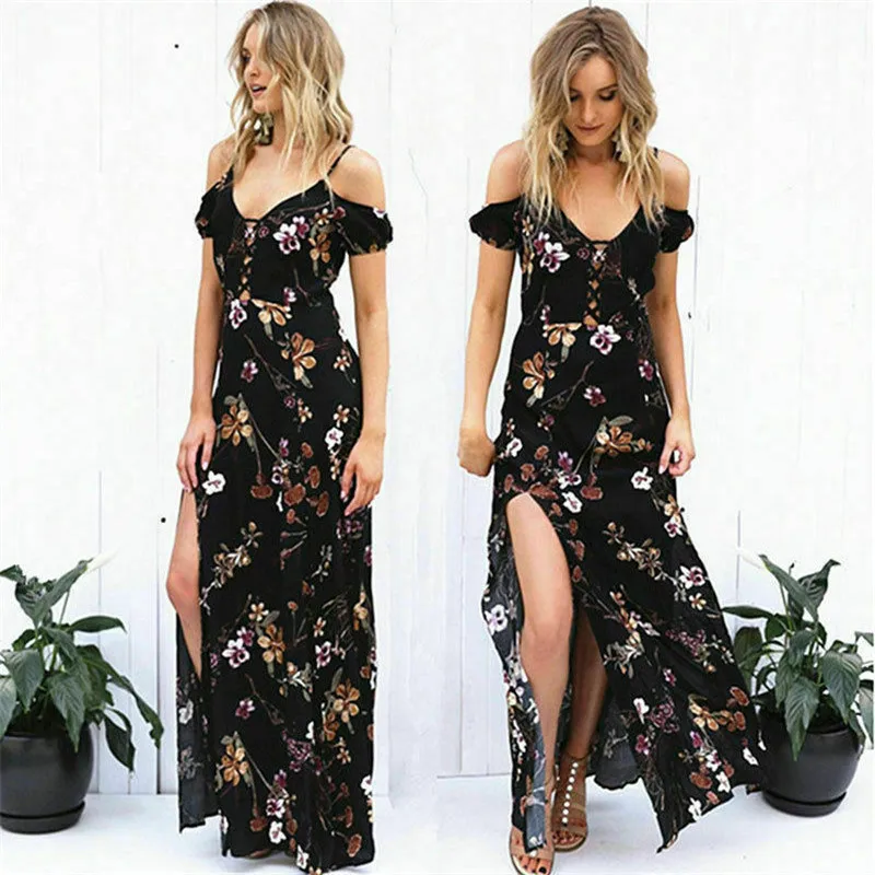 Женское платье с открытыми плечами длинное пляжное цветочным принтом лето 2019 |