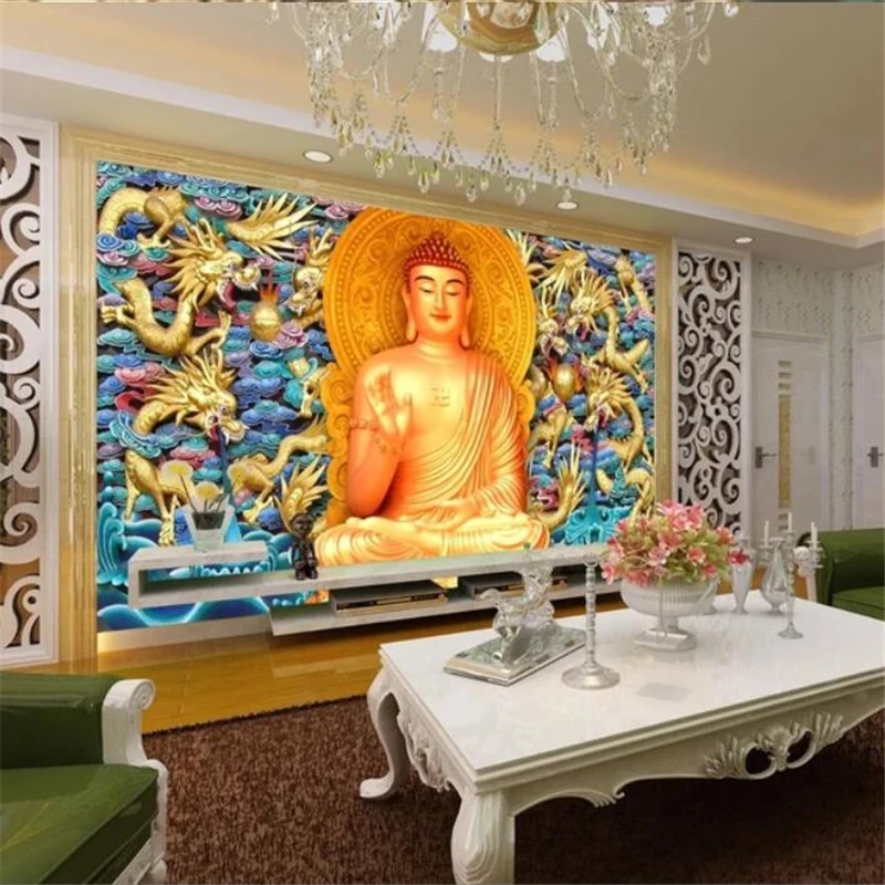 

beibehang Custom 3d wallpaper golden dragon embossed Buddha mural background wall living room bedroom wallpaper papel de parede