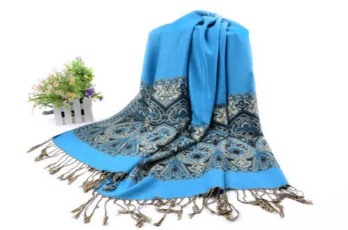 Хит продаж синие пашмины 100% кашемир женские шарфы пейсли цветочный стиль