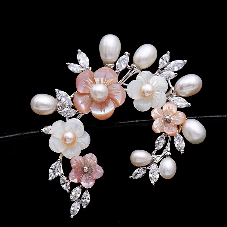 

Korean style high quality micro insert zircon pin brooch natural freshwater pearl wedding gifts bride ornament jewelry