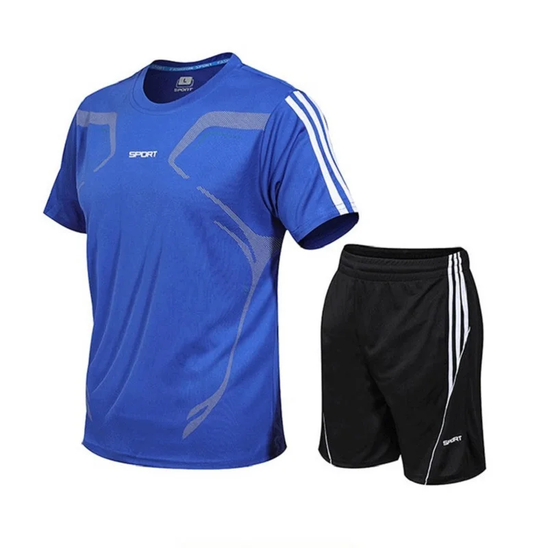 Blue Set Плюс быстросохнущая футболка Rashgard Gym, Спортивная мужская футболка с коротким рукавом, футболка для фитнеса и шорты, спортивный костюм, футболка для футбола, баскетбола - Цвет: Blue Set