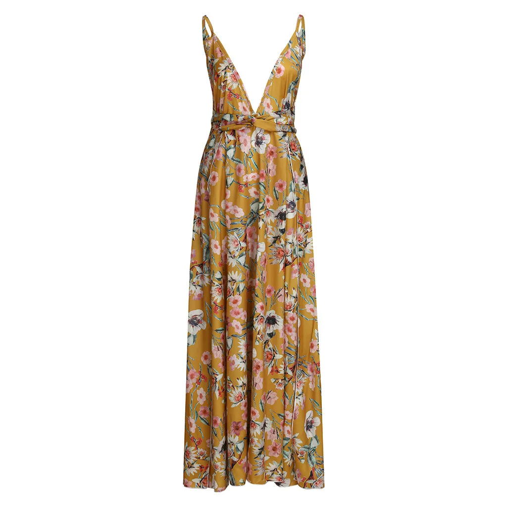 Плюс Размеры шифоновое сексуальное платье Для женщин Летнее Boho ремешками пикантные сексуальное нижнее белье с глубоким v-образным вырезом длинное вечерние Пляжные наряды Z4