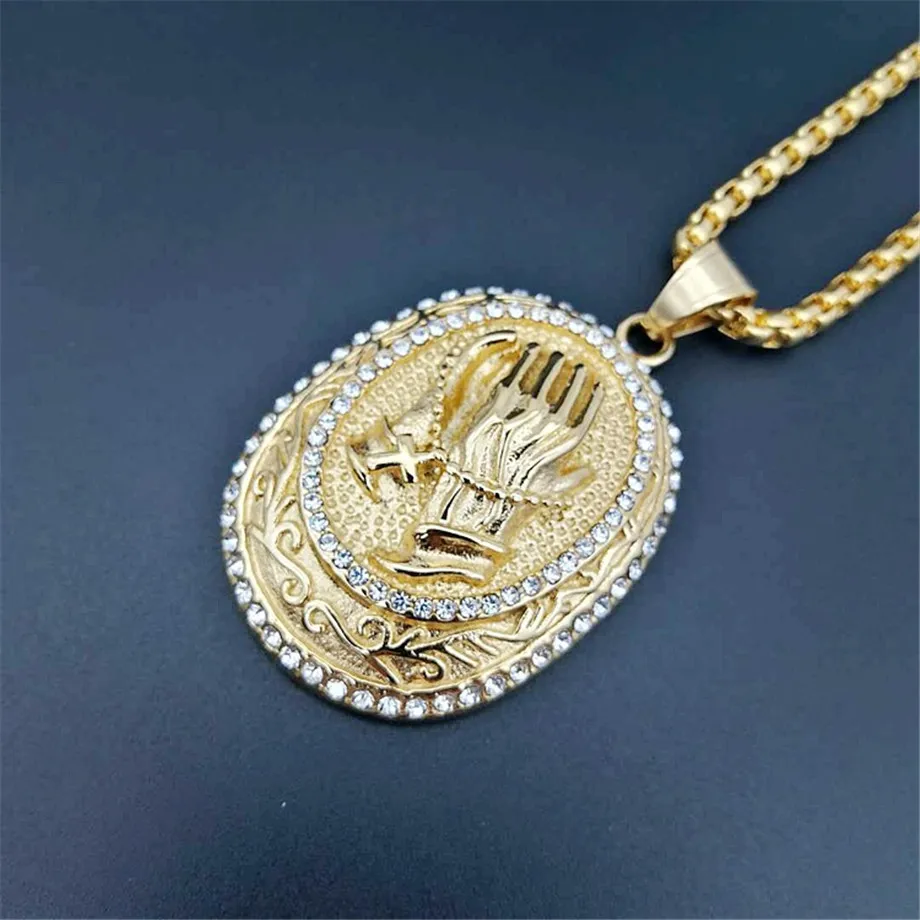 

Iced Out Praying Hands Necklace & Pendant With Stainless Steel Chain Gold Color Bling Cubic Zircon Men's Hip hop Jewelry For Gif