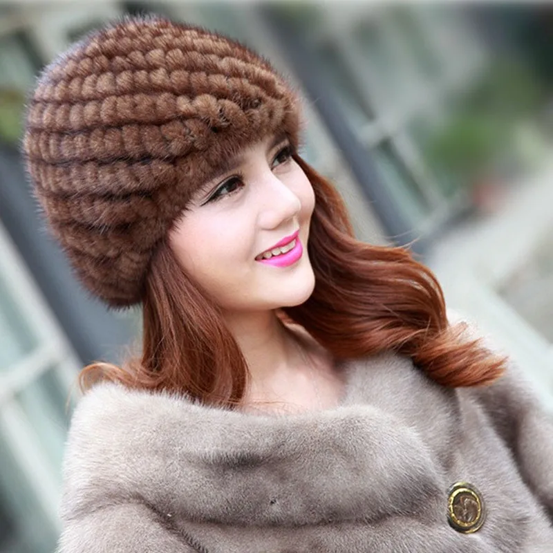 Меховая шапка 100% натуральный мех норки женская вязаная шапки для зимы модные