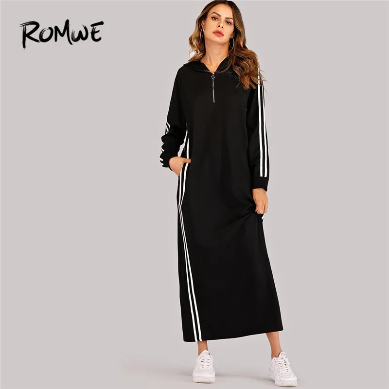 ROMWE, черный, с капюшоном, с длинным рукавом, прямой, макси, платье-Толстовка, для женщин, весна, осень, с боковой полоской, на молнии, с капюшоном, платья