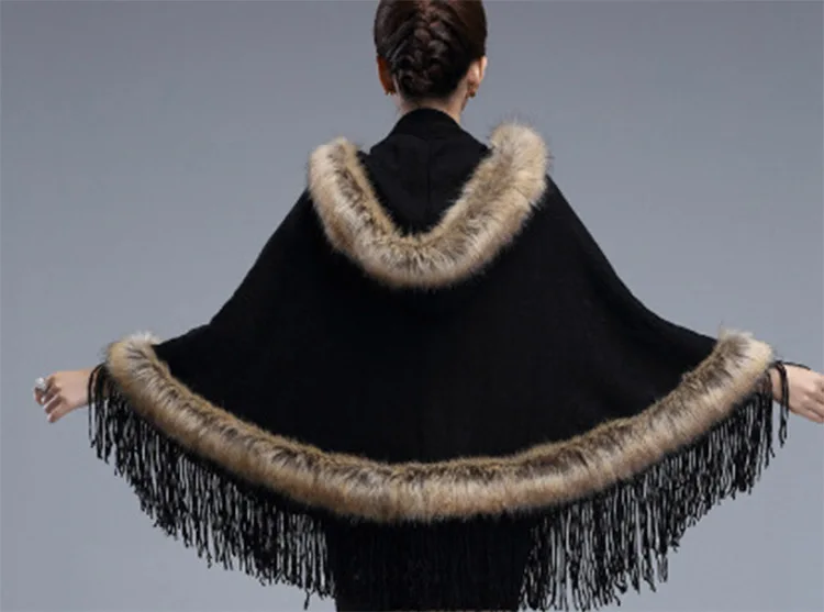 

Autumn Winter Women Elegant Fur Coat Faux Fox Surround Cape Fashion Warm Luxury Tassel Fur Poncho Shawl Knitted Cardigan