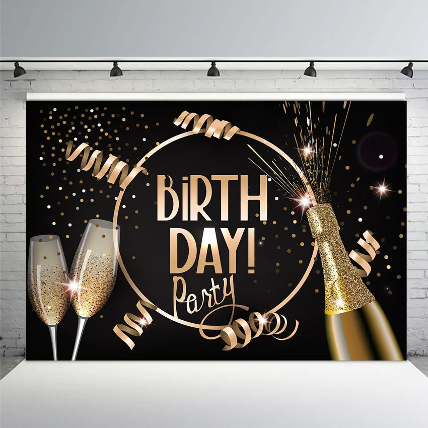 

Golden Black Happy Birthday Backdrops Foradults Children Gold Balloon Cheers Birthday Background Champagne Glitter Wave Point