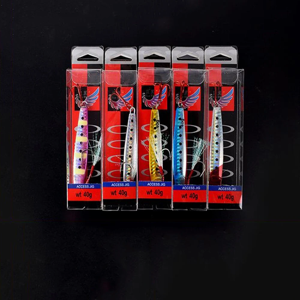 5PCS/Lot 5 Colors Ocean Boat Fishing Metal Jig Lure Luminous Hard Baits Laser Iron Lead Fish with Red Treble Hook | Спорт и