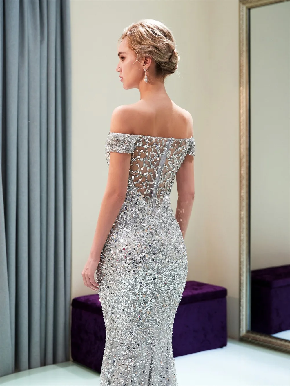JaneVini Luxury Sequined Silver Long Bridesmaid Dresses Off the Shoulder Short Sleeve Hollow Back Mermaid Tulle Red Carpet Dress | Свадьбы и