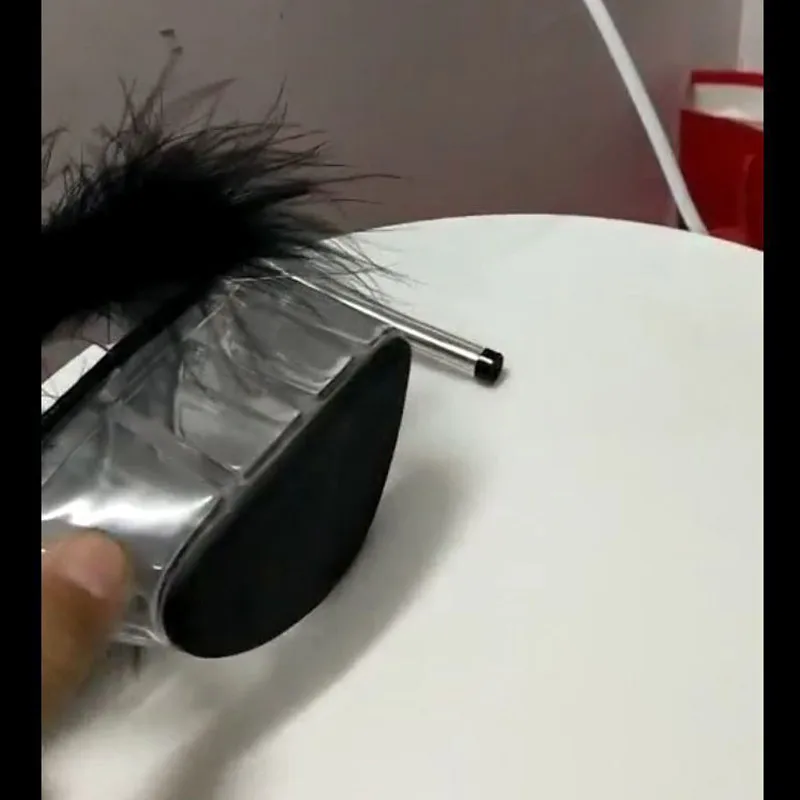 Black(Black Sole) Г., летние босоножки на высоком каблуке, украшенные перьями и кристаллами женская свадебная обувь на платформе женские меховые шлепанцы на прозрачном каблуке WS0035 - Цвет: Black(Black Sole)