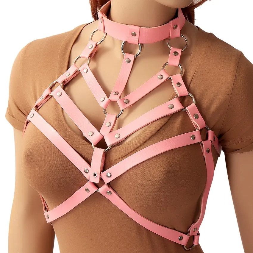 

New Leather Pink Harness Women Punk Goth Cupless Bra Tops Harness Belt Body Bondage Chest Sexy Lingerie Festival Rave