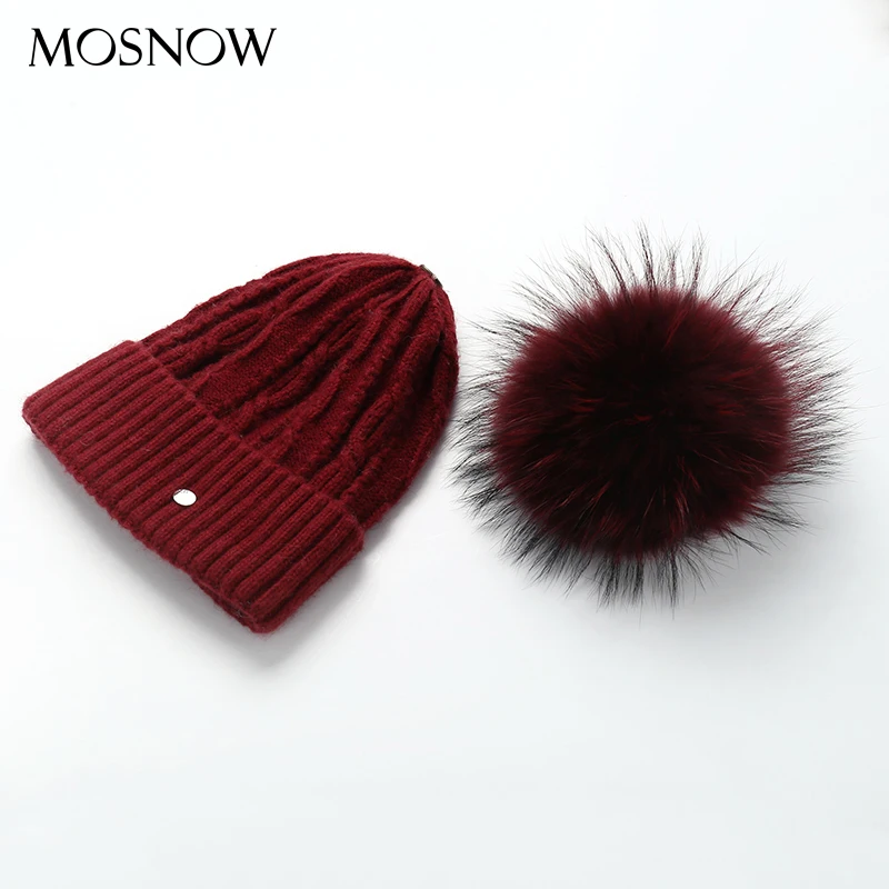 Зимняя женская обувь Шапки шерсть Skullies шапочка мех енота пом полоса вязаная