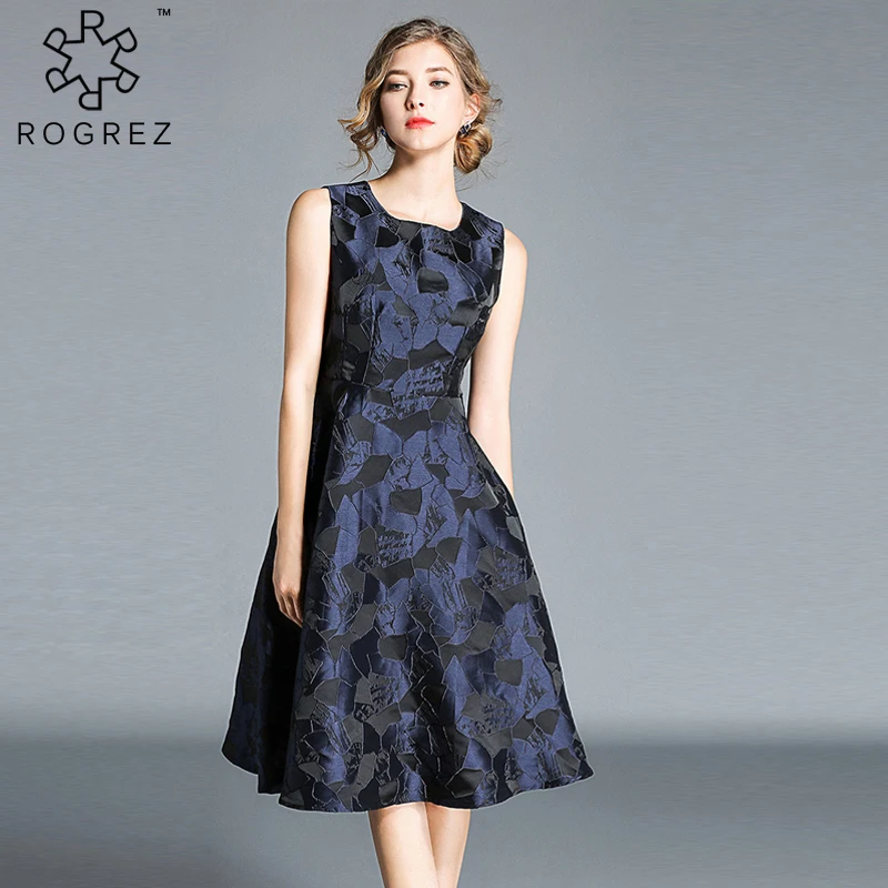 ROGREZ синее Элегантное повседневное платье без рукавов с круглым вырезом для