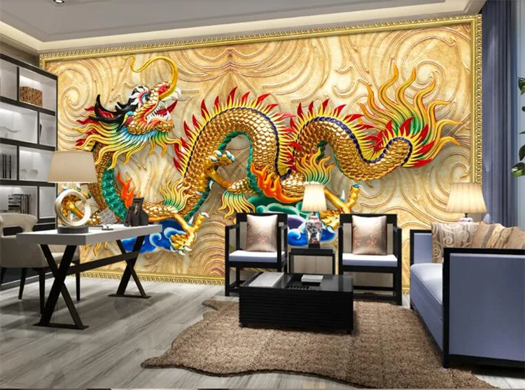 Фотообои 3d в китайском стиле скульптура Золотого Дракона | Обустройство дома