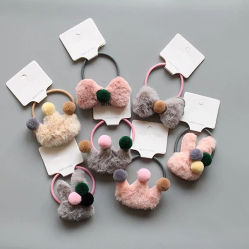 

New Crown Princess Quality Girl Fluffy Hair Tie Bow Faux Fur Hair Band Girl Hair Accessories Elastics Scrunchie Ponytail Holder