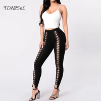 sexy front eyelet bandage hollow out pencil pant black white new fashion skinny leggings long pants women high waist trousers