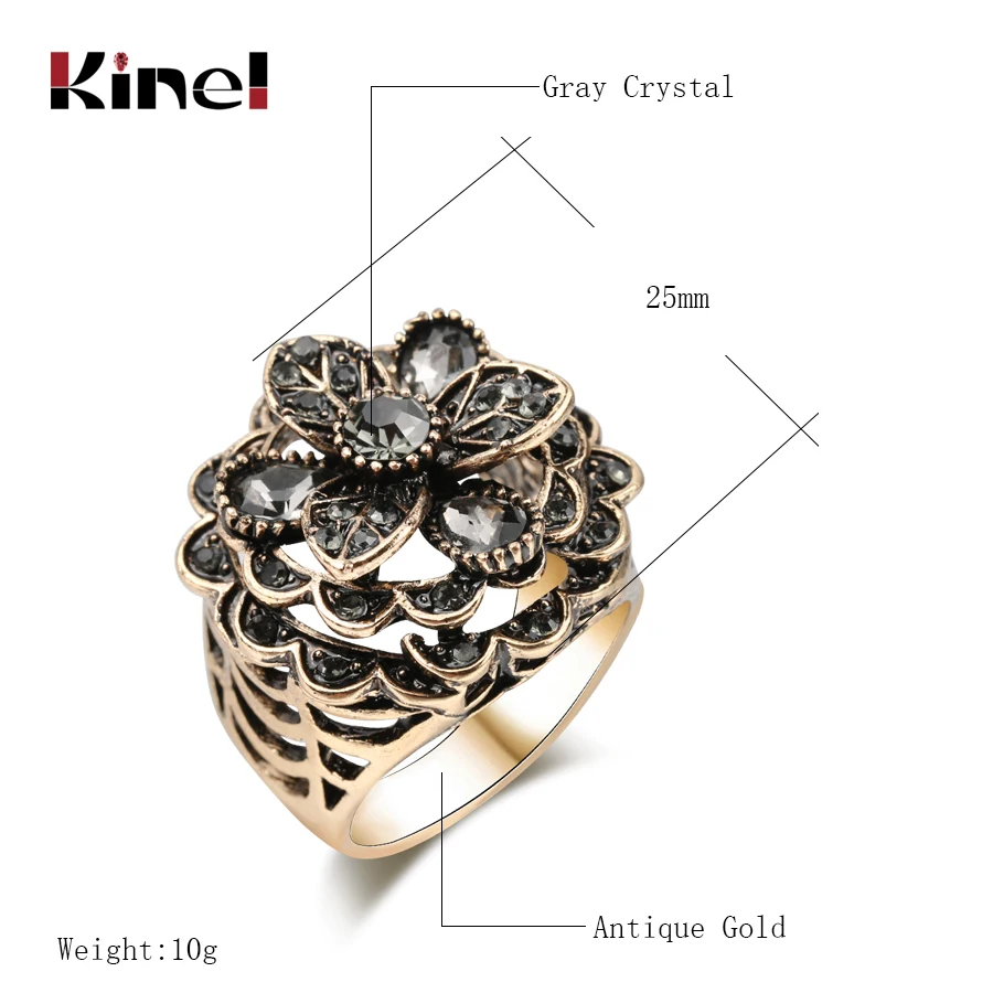 Женское кольцо в виде цветка Kinel винтажное серое с кристаллами вечерние