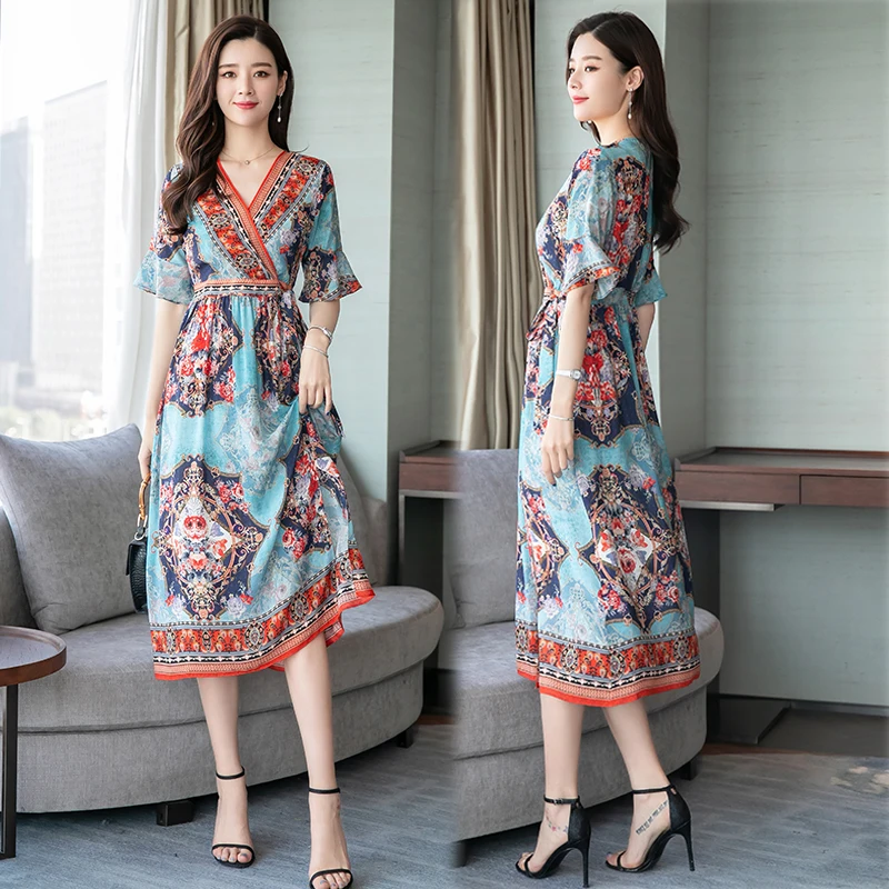 2019 Summer Polyester silk Dress Retro style Women Flower Print Elegant Ruffle Sleeve Mid-Calf Dresses Plus SizVestido | Женская одежда